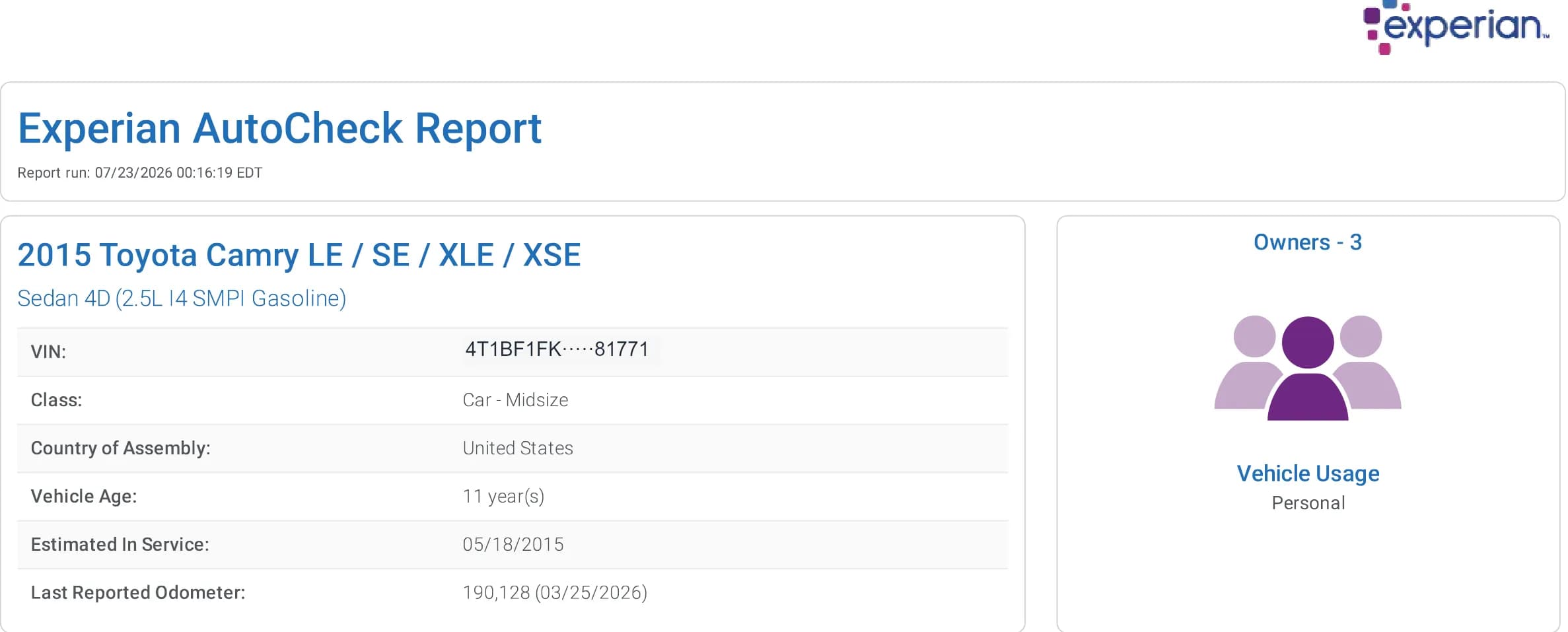 AutoCheck report header for a 2015 Toyota Camry showing a masked VIN, class, vehicle age, last reported odometer and an owners panel reading three owners, personal use.
