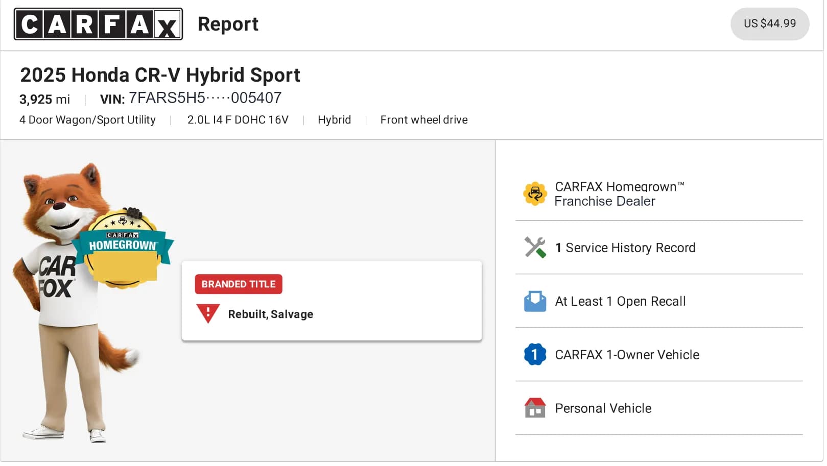 Carfax report header showing the vehicle, a Branded Title flag reading Rebuilt and Salvage, and summary badges for service records, open recalls and owner count.