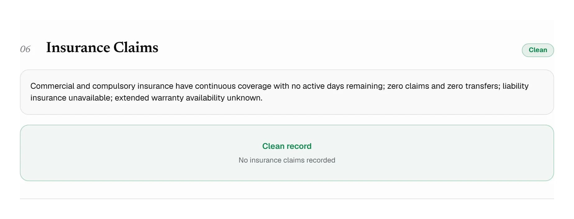 Insurance Claims section reporting continuous commercial and compulsory coverage with zero claims and zero transfers recorded.