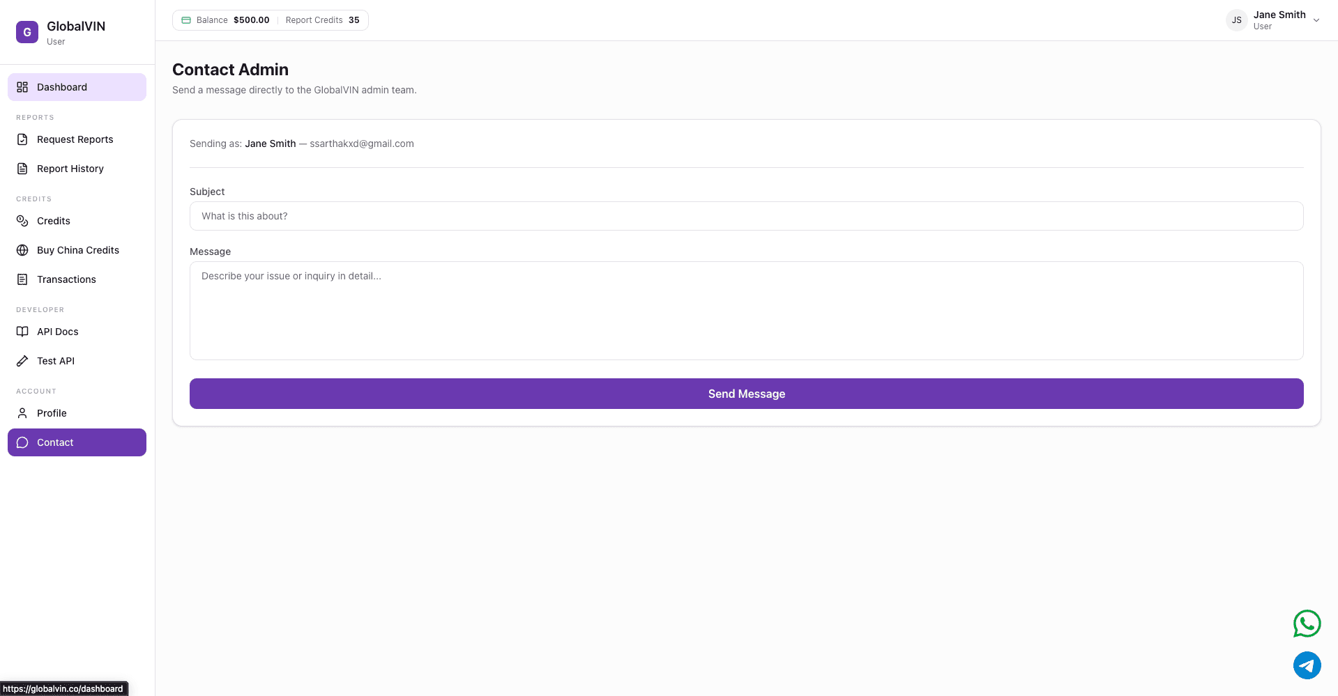 GlobalVIN Contact Admin – reach out to support team