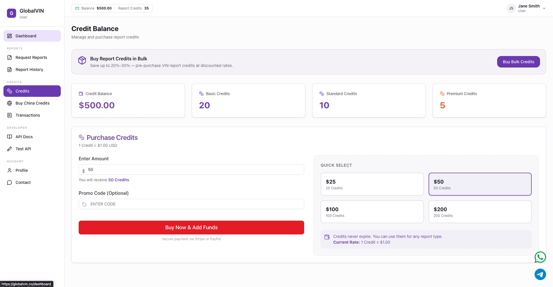 GlobalVIN Credits & Billing Page – transparent usage and payment tracking