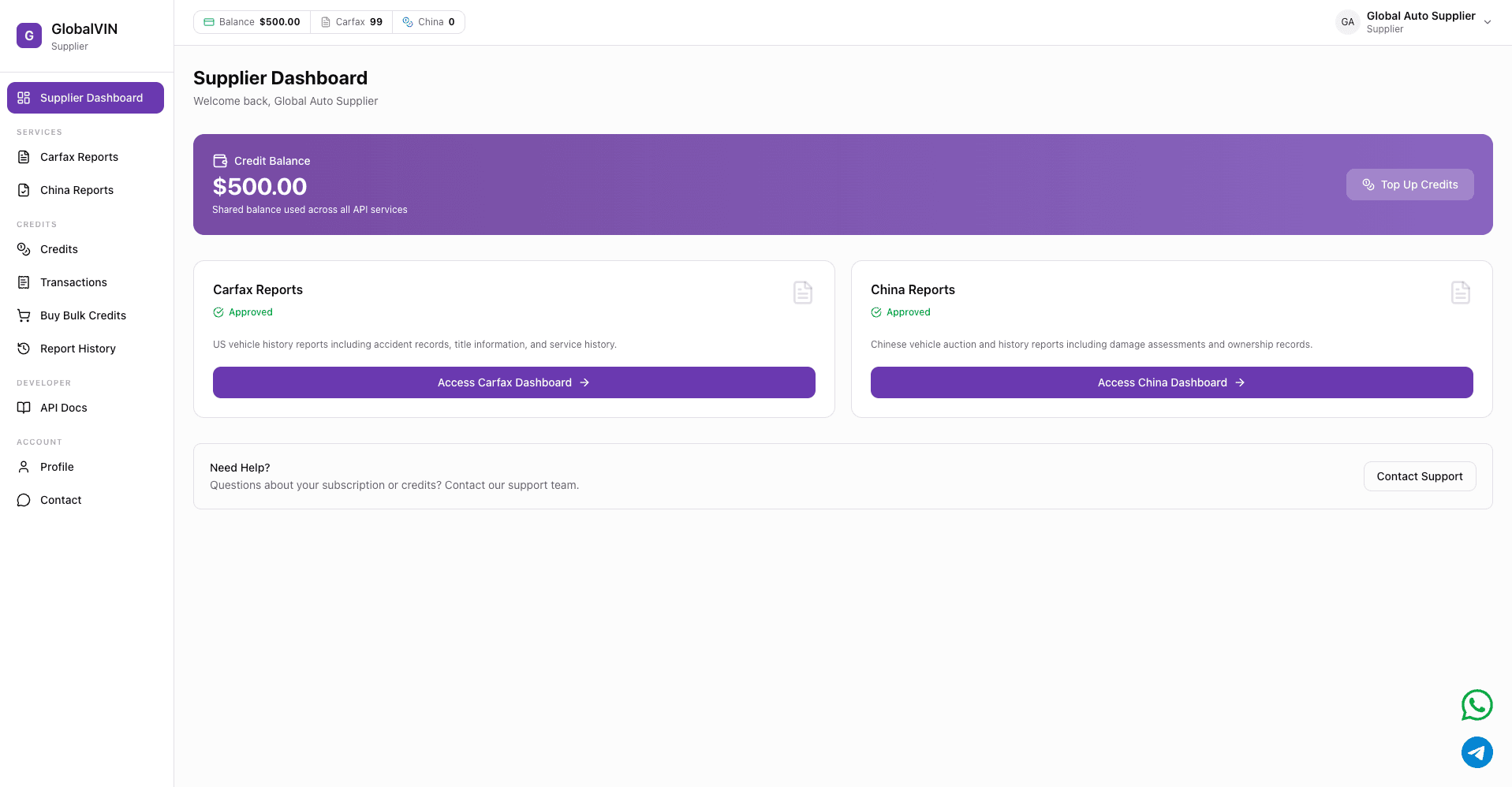 GlobalVIN Supplier Dashboard – bulk VIN processing and API management