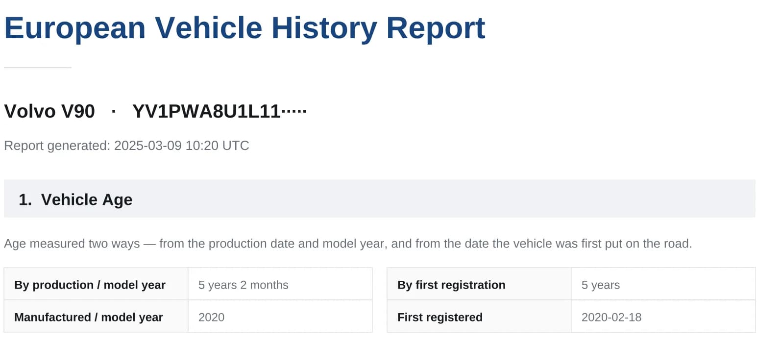 Vehicle age section showing five years two months by production date and five years by first registration.