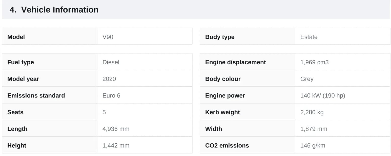 Vehicle information table listing model, body type, fuel, displacement, emissions standard, engine power, dimensions and kerb weight.
