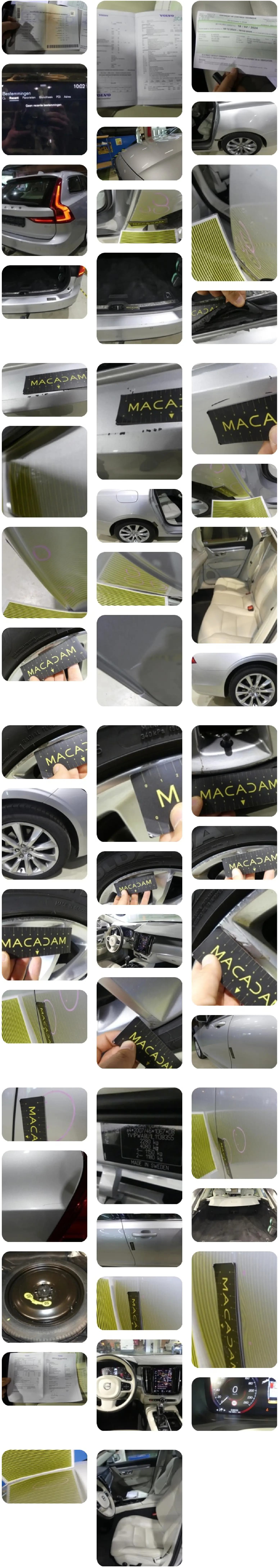 Archive photograph grid showing service documents, the infotainment screen, bodywork from every angle, the boot, paint depth gauge readings and the interior.