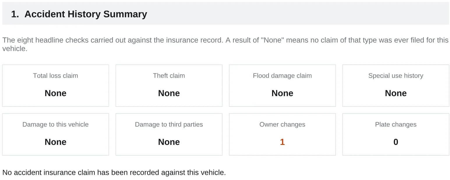 Accident history summary of eight checks, all reporting None except a single owner change.