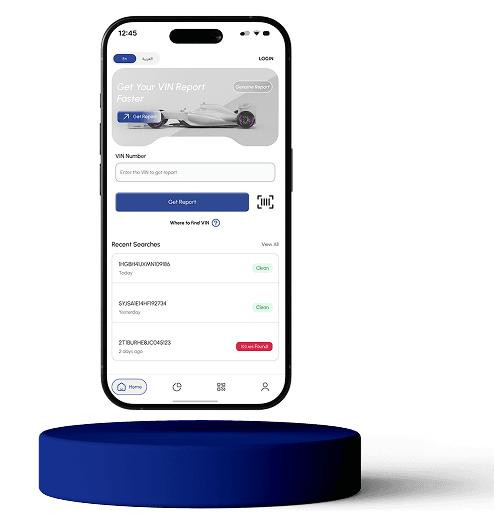 GlobalVIN mobile app on smartphone displaying VIN scanning and vehicle history report features