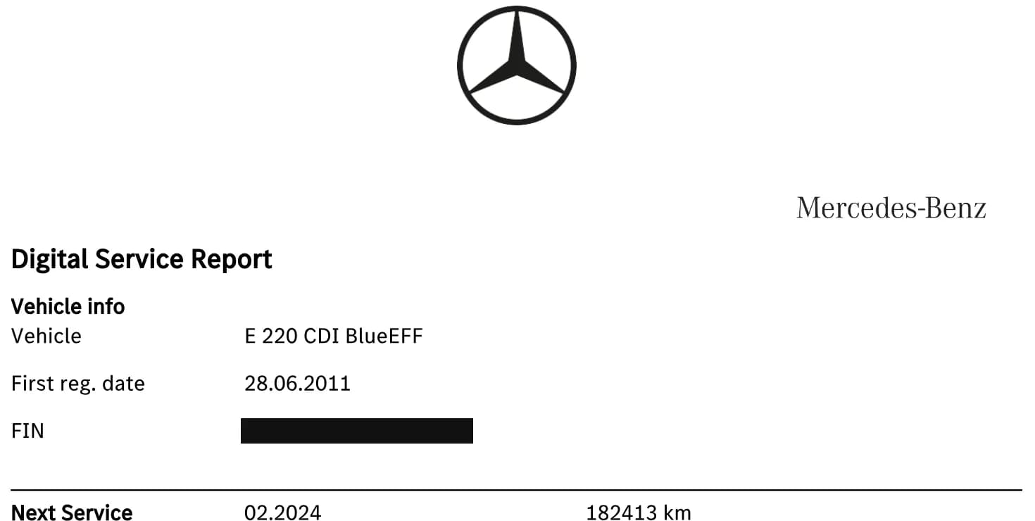 Manufacturer dealer record header for an E 220 CDI BlueEFFICIENCY first registered in June 2011, with the identification number masked and the next service due 02.2024 at 182,413 km.